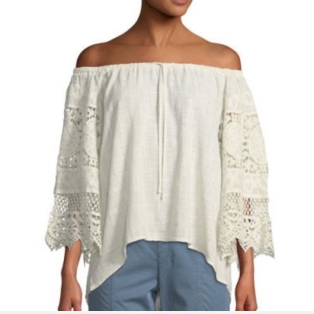XCVI Off Shoulder Boho Top with Lace Sleeves - Picture 1 of 8